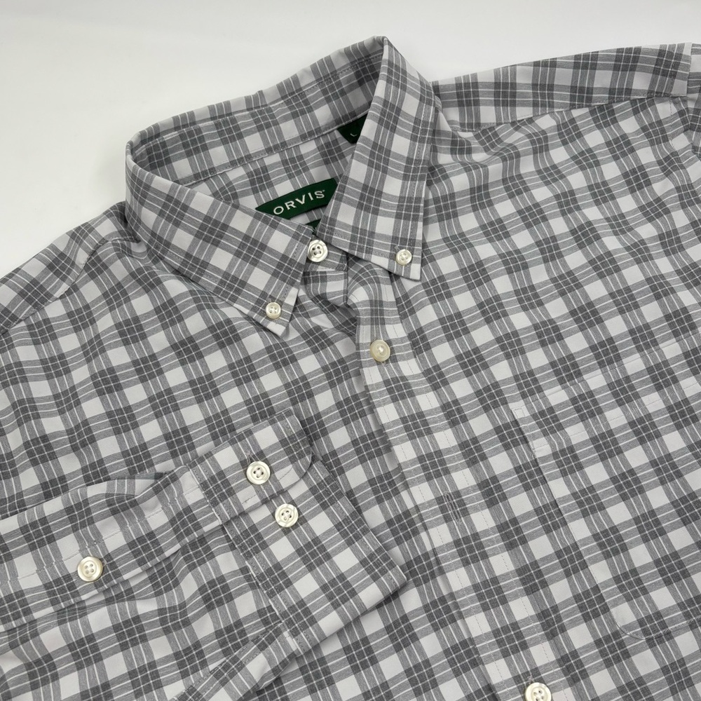 Orvis Men's L Active Fit Polyester Gray Plaid Long‎ Sleeve Button Shirt